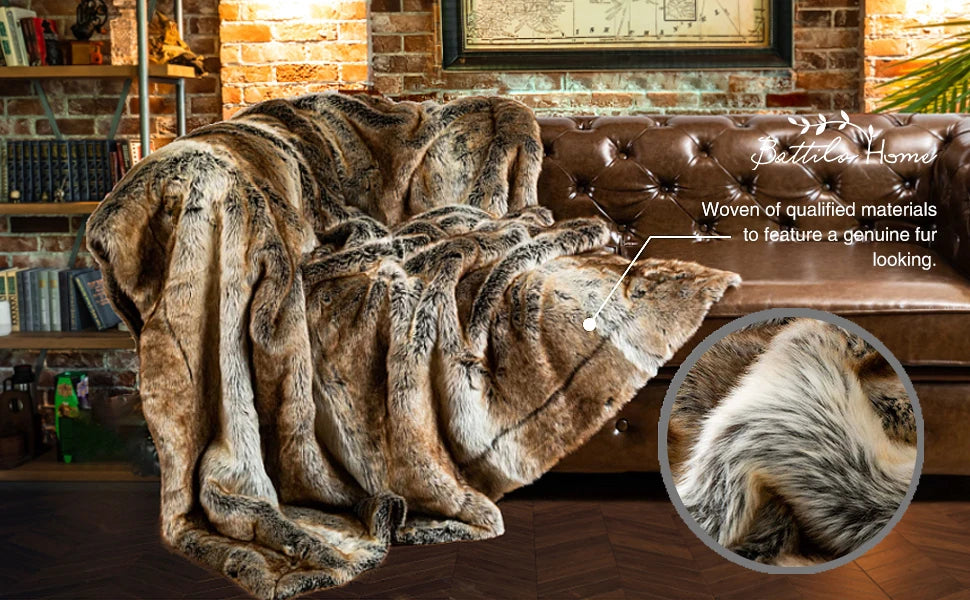 Battilo Brown Faux Fur Blanket Luxury Fluffy Plaid Throw Blanket Winter Thick Warm Plush Blanket Fur Throws for Bedroom Decor