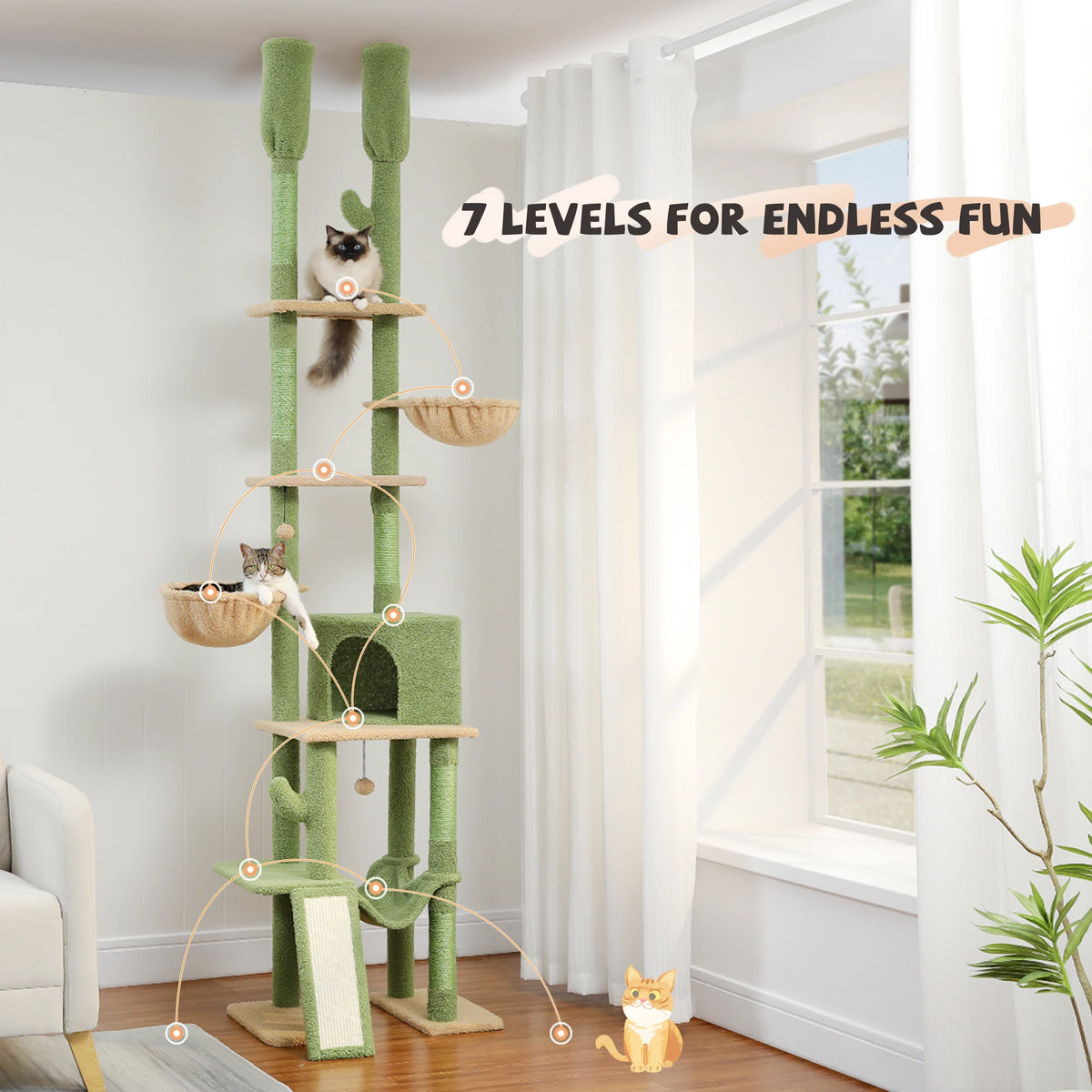 Cactus Cat Tree Floor to Ceiling Cat Tower with Sisal Scratching Post,Comfortable Hammock for Multi-Cat Homes,Cat Accessories