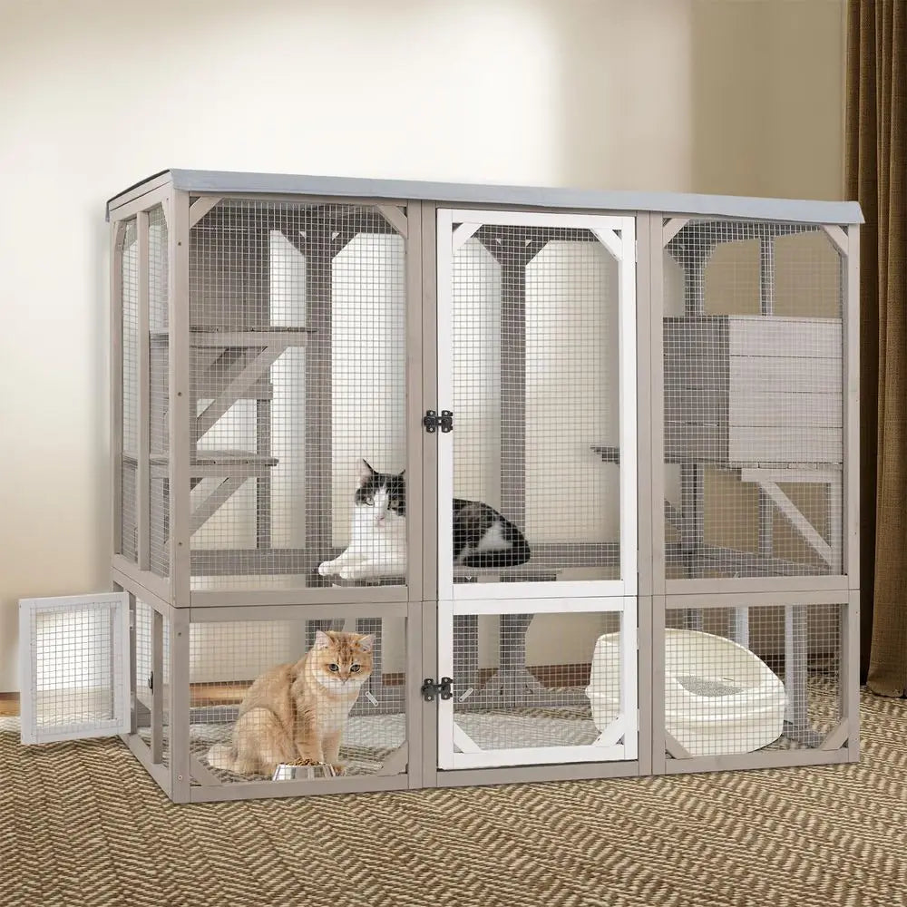 Catio Outdoor Cat Enclosure, Wooden Cat Catio, Large Weatherproo Cats House with Multiple Platorms and 1 Resting Boxes or Multip