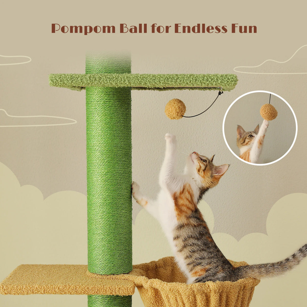 Cactus Cat Tree Floor to Ceiling Cat Tower with Sisal Scratching Post,Comfortable Hammock for Multi-Cat Homes,Cat Accessories