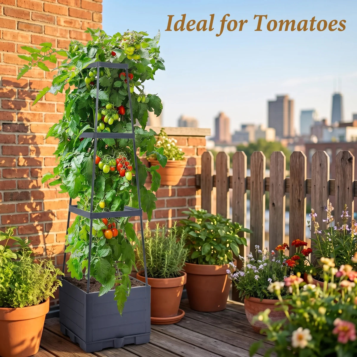 Self Watering Tomato Planter Box with Trellis Support Frame Square Raised Garden Bed Self Irrigation Plant Growing Pot for Vegetable Fruit Flower Patio Balcony