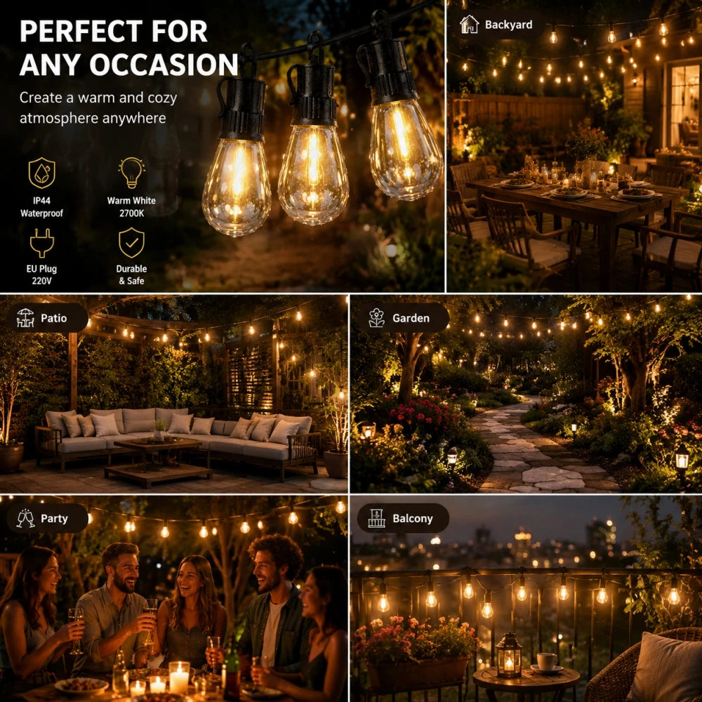 PET S14 LED String Light Bulbs E12 Base Shatterproof Plastic Bulbs 220V EU Plug Outdoor Patio Garden Lights Warm White 2700K