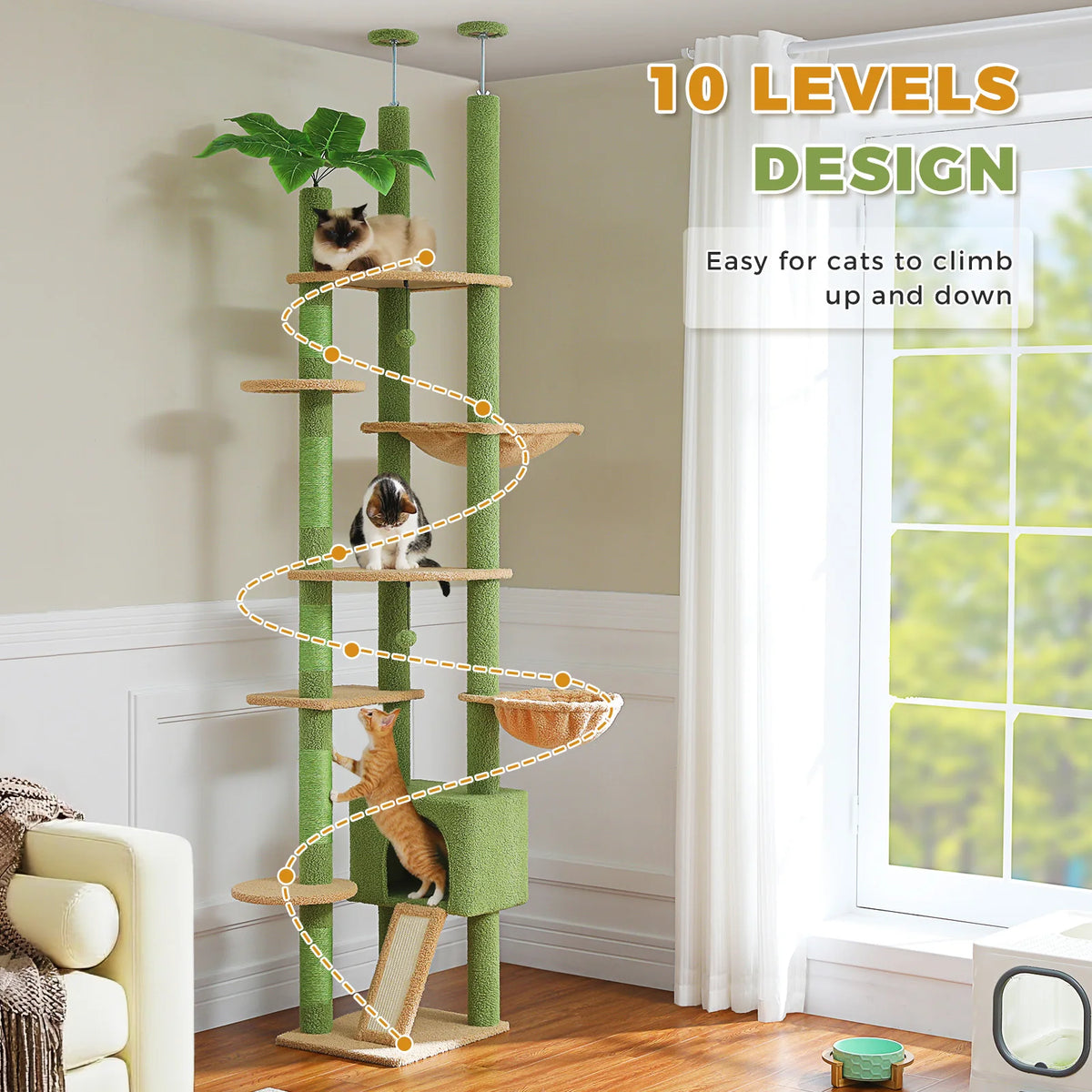 Cactus Cat Tree Floor to Ceiling Cat Tower with Sisal Scratching Post,Comfortable Hammock for Multi-Cat Homes,Cat Accessories