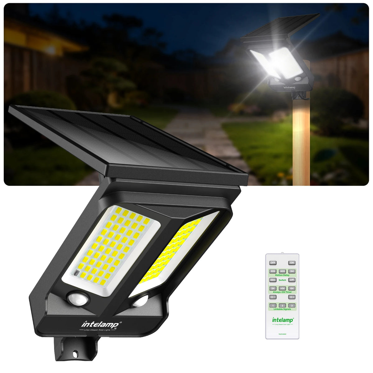 Intelamp Long Battery Life 4000mAh Outdoor Solar Flood Lights 240° Wide Security Street Light Two Motion Sensors For Garden Yard