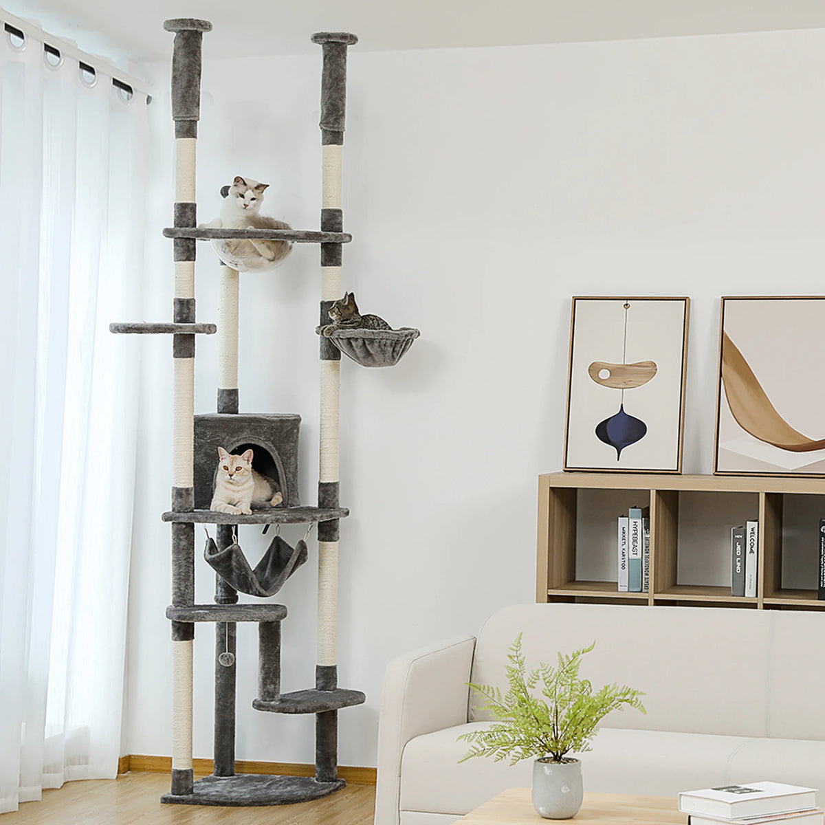 Floor to Ceiling Cat Tree with Sisal Scratching Posts Cozy Condo Hammock Adjustable Height Tall Cat Tower for Indoor Cat Toys