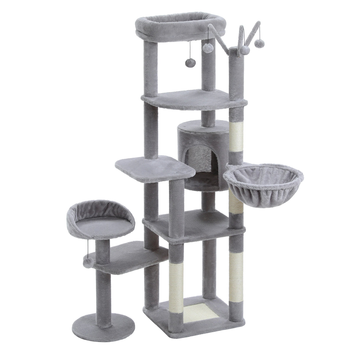 Multi-Level Cat Tree with Scratching Post Hammock Large Perches Hanging Balls Tall Cat Tower for Indoor Spacious Cat Condo House