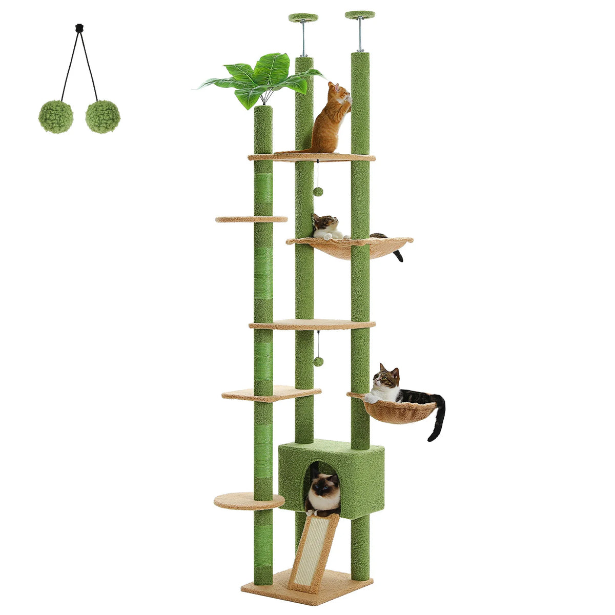 Cactus Cat Tree Floor to Ceiling Cat Tower with Sisal Scratching Post,Comfortable Hammock for Multi-Cat Homes,Cat Accessories