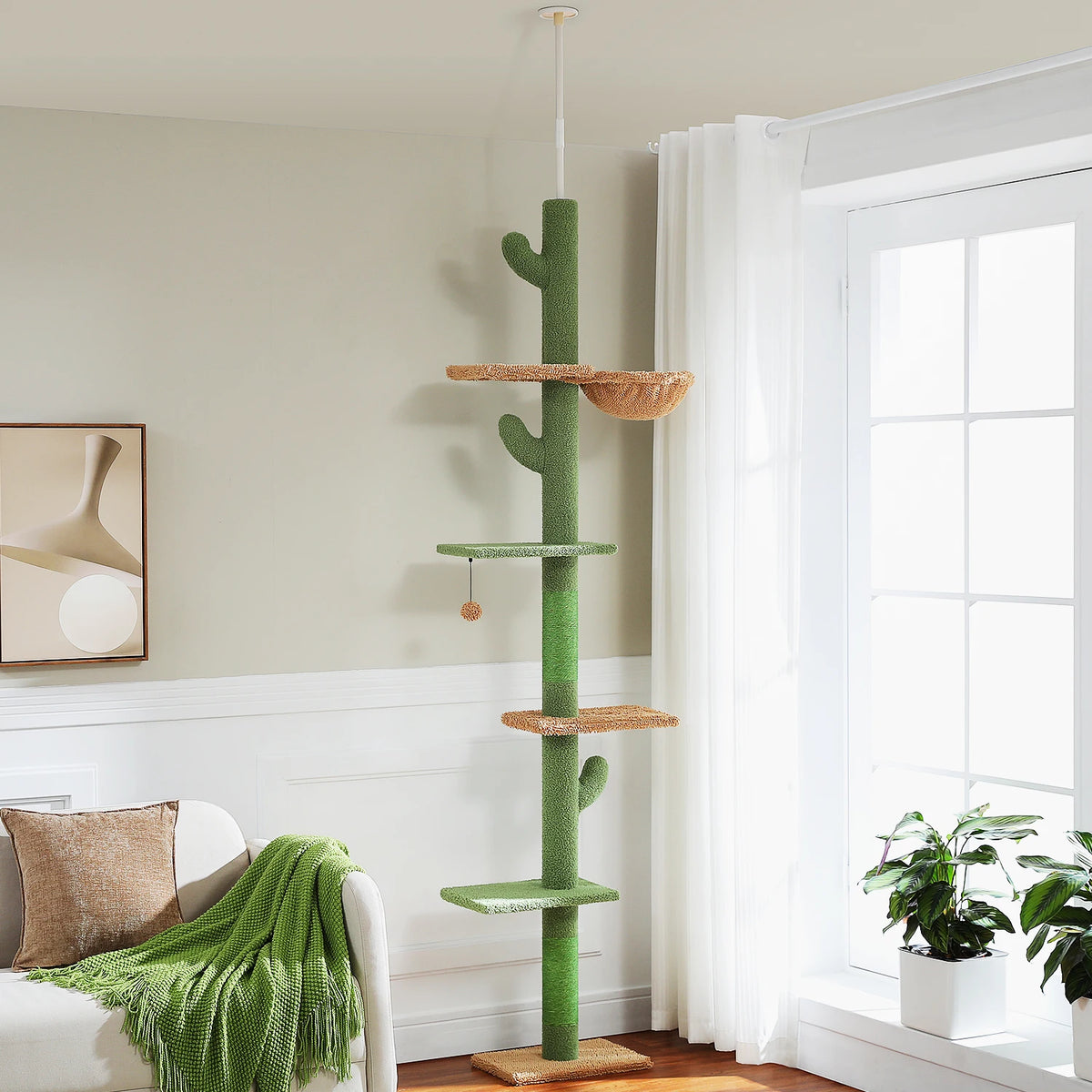 Cactus Cat Tree Floor to Ceiling Cat Tower with Sisal Scratching Post,Comfortable Hammock for Multi-Cat Homes,Cat Accessories