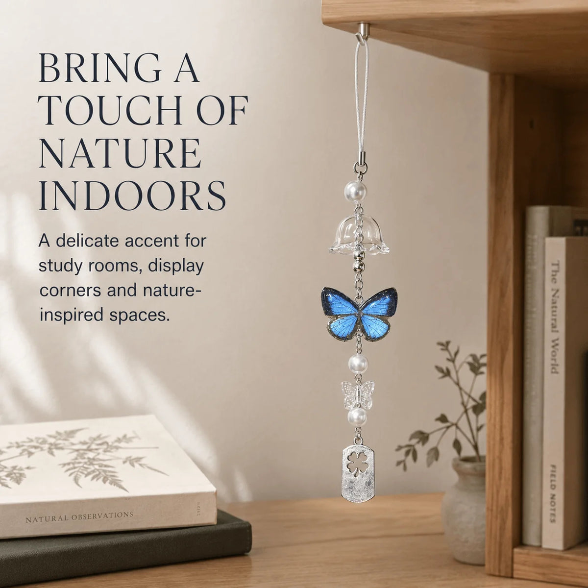 Real Butterfly Specimen Wind Chime, Blue Butterfly Hanging Decor, Nature-Inspired Ornament for Home & Gift