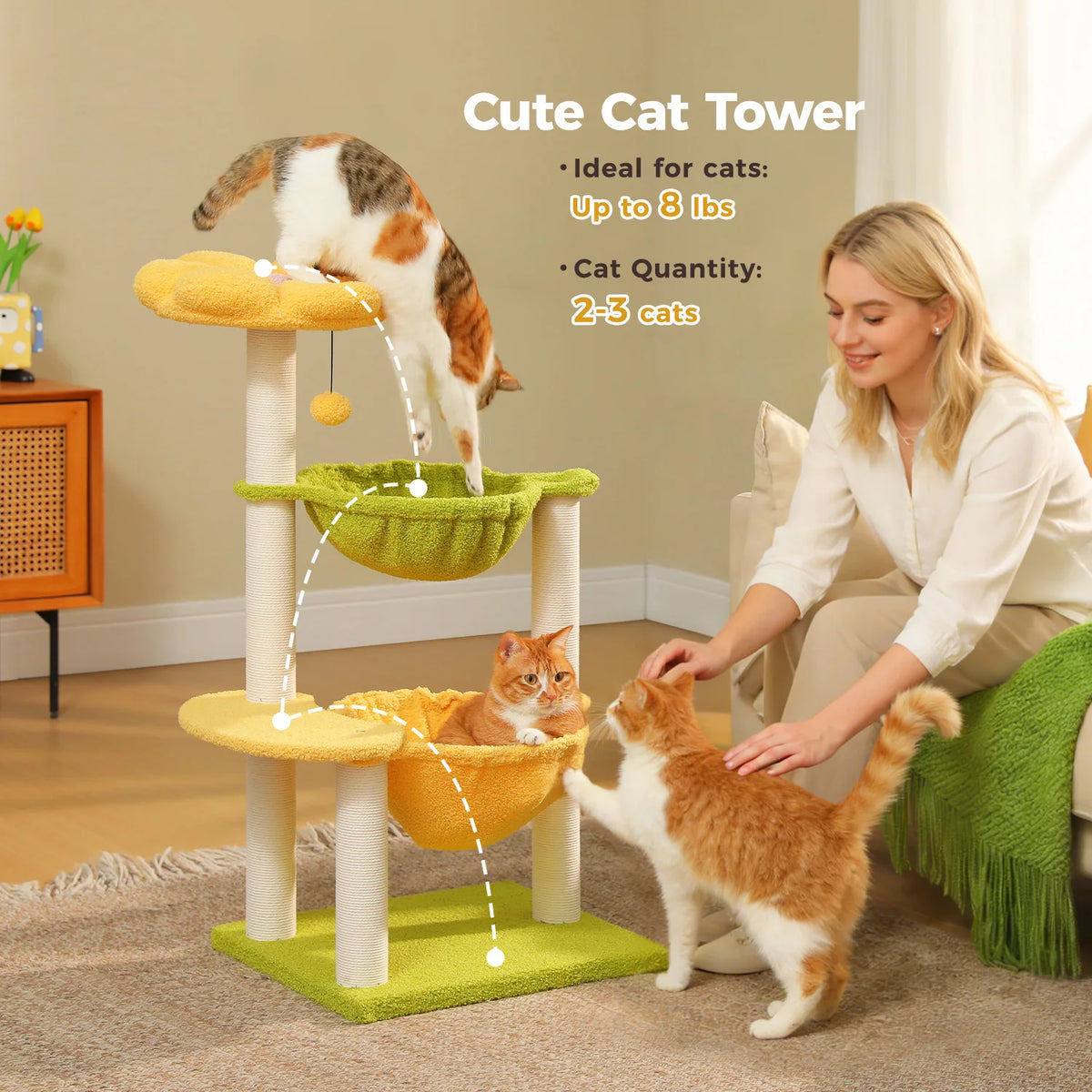 Flower Cat Tree with 2 Cozy Hammocks Sisal Scratching Posts Soft Top Perch Small Cat Tower for Indoor Kitty Cat Furniture Cat Toys