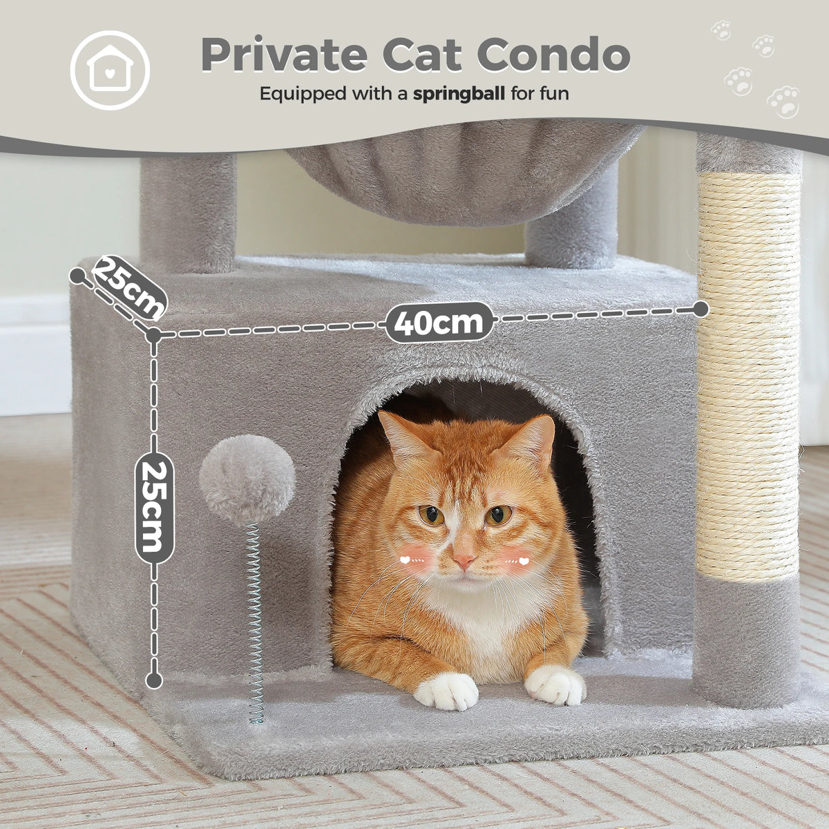 4-in-1 Cat Tree with Large Cat Condo, Sisal Scratching Post, Deep Hammock, Cozy Top Perch, Small Cat Tower for Indoor, Cat Toys