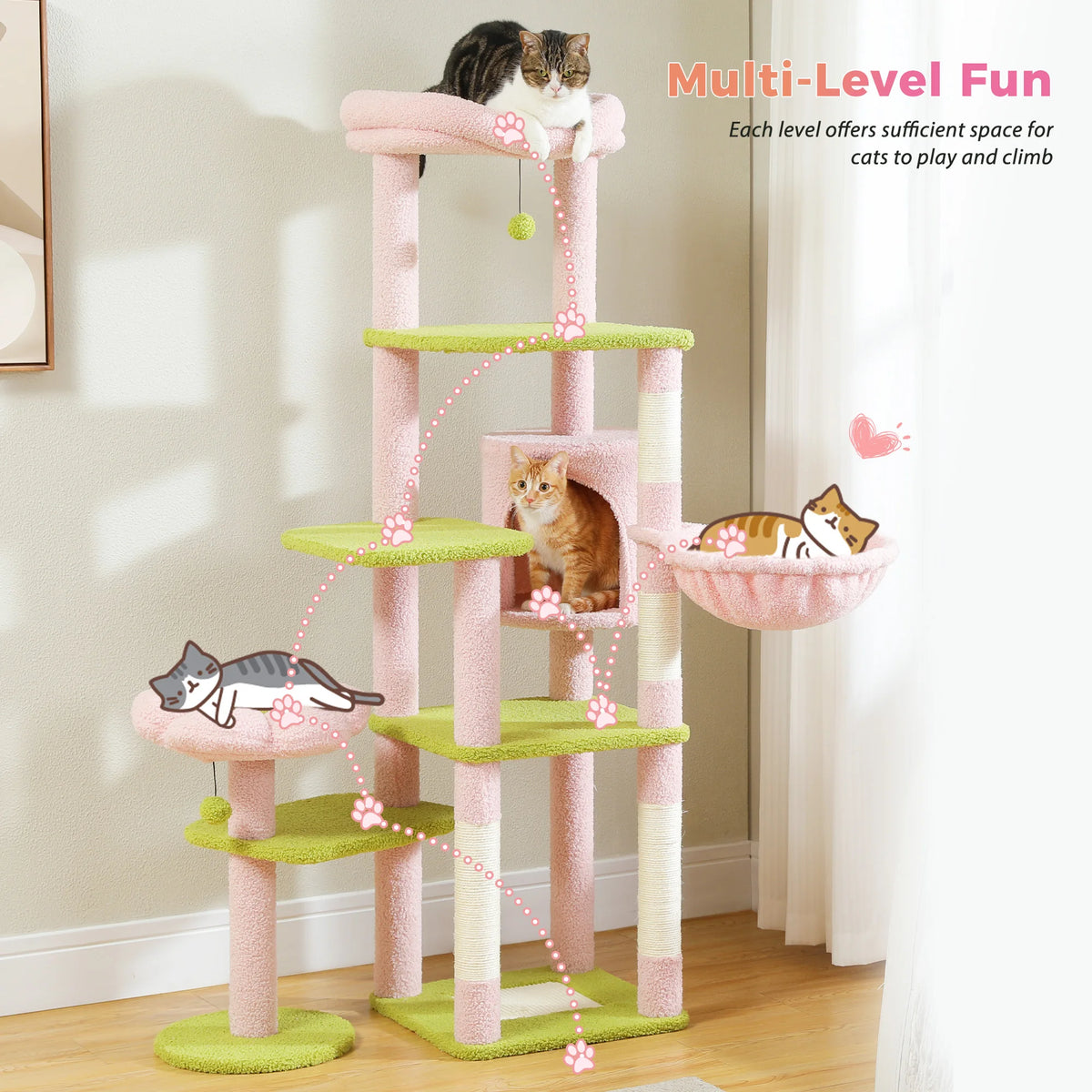 Multi-Level Cat Tree with Scratching Post Hammock Large Perches Hanging Balls Tall Cat Tower for Indoor Spacious Cat Condo House