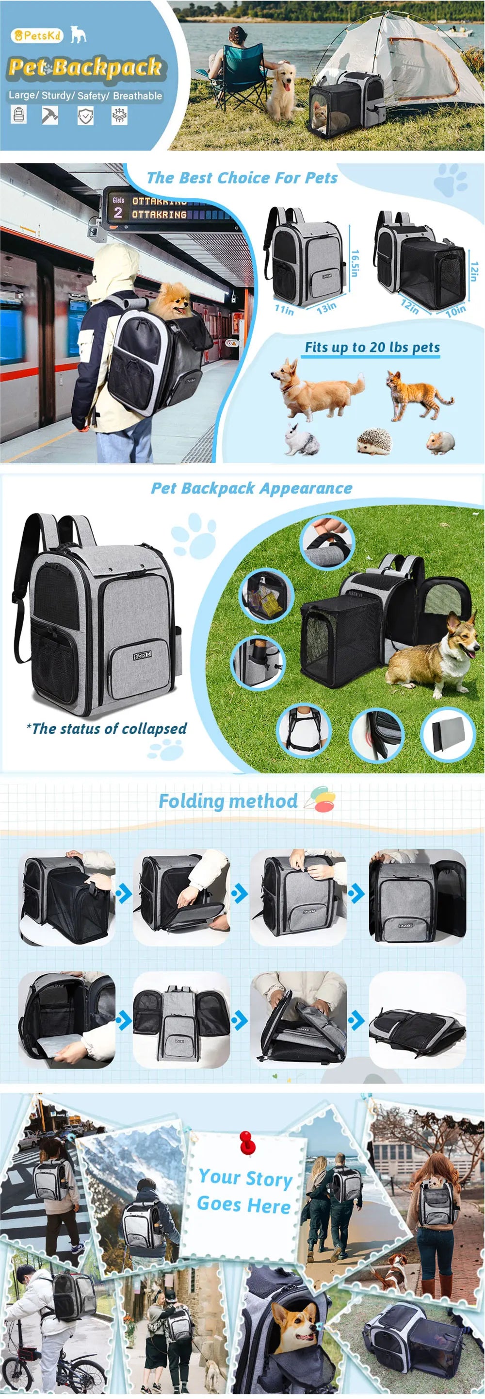 Pet Backpack Expandable Foldable Cat Carrier for Small Medium Dog and Cat Transport Dog Bag Large Space Pets Carrier with Zipper