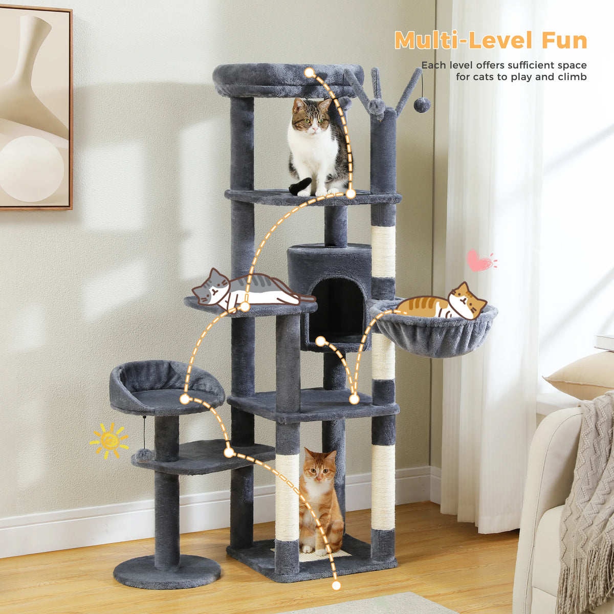 Multi-Level Cat Tree with Scratching Post Hammock Large Perches Hanging Balls Tall Cat Tower for Indoor Spacious Cat Condo House