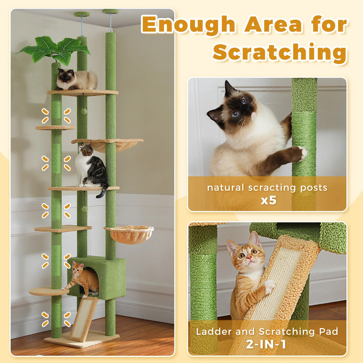 Cactus Cat Tree Floor to Ceiling Cat Tower with Sisal Scratching Post,Comfortable Hammock for Multi-Cat Homes,Cat Accessories